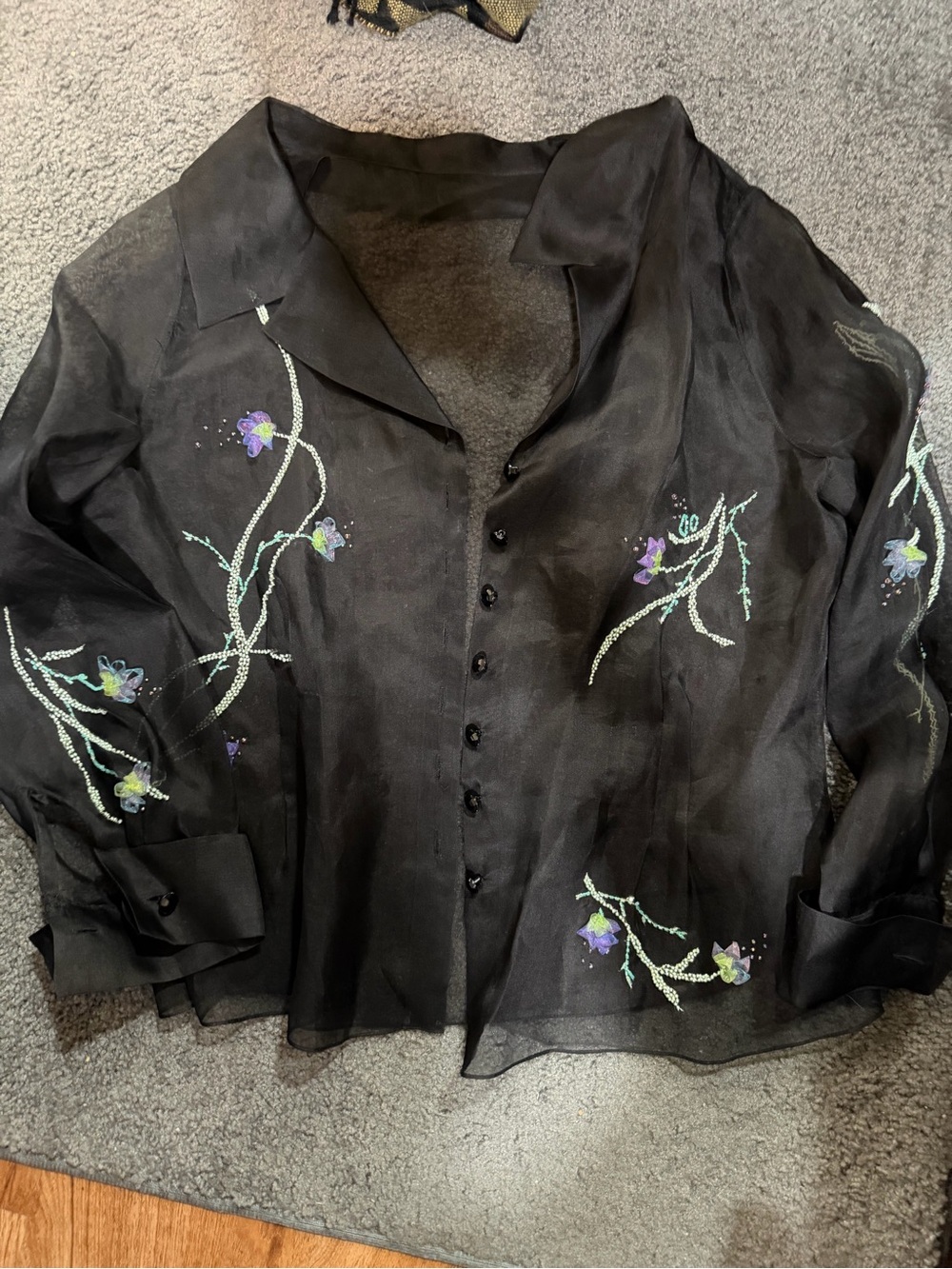 Zara Black Sheer Embroidered Floral Button-Up Jacket